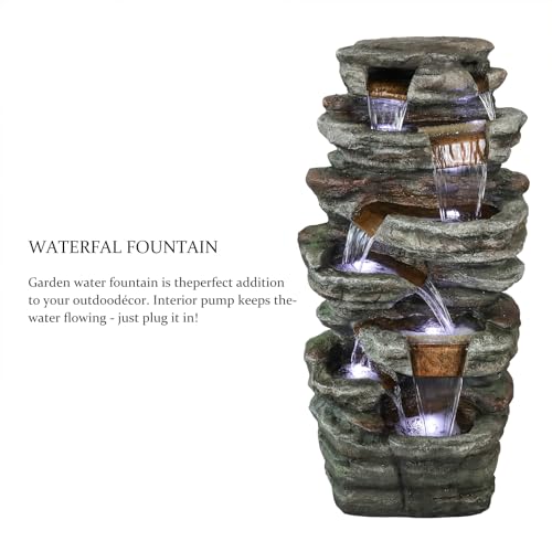 Image of SunJet 48 inch High 7-Tiers Cascading Rock Outdoor Water Fountain with LED Lights - Large Outdoor Fountains and Waterfalls for Garden or Patio, Yard, and Deck Decor, Featuring Natural Stone Look