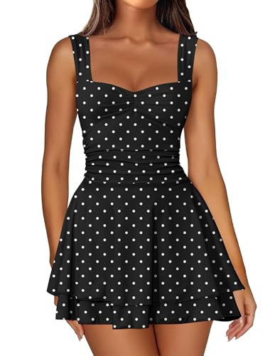 Image of IWD Women's Square Neck Sleeveless Mini Dress Ruched Waist Tiered Ruffle Hem A Line Short Dresses