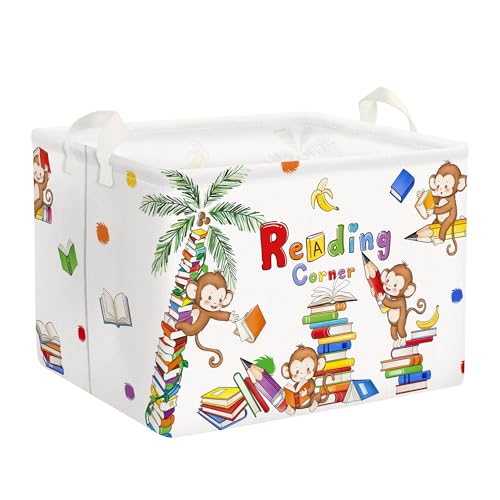 Clastyle Reading Corner School Classroom Book Basket 36L Large Monkey Book Tree Shelf Basket for Kid Nursery Room Collapsible Rectangle Clothes Towel Toy Storage Basket