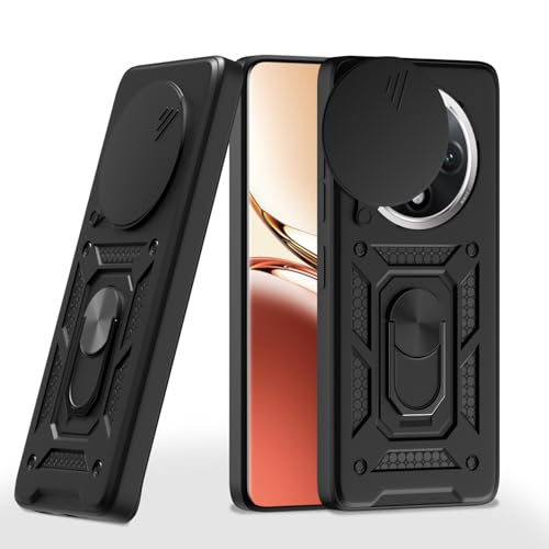 Image of Pikkme Back Cover for Oppo F27 Pro Plus 5G | 360 Protection Case | Sliding Camera Shield Cover & Ring Holder Stand D10 Tough Armor Bumper Case (Black)