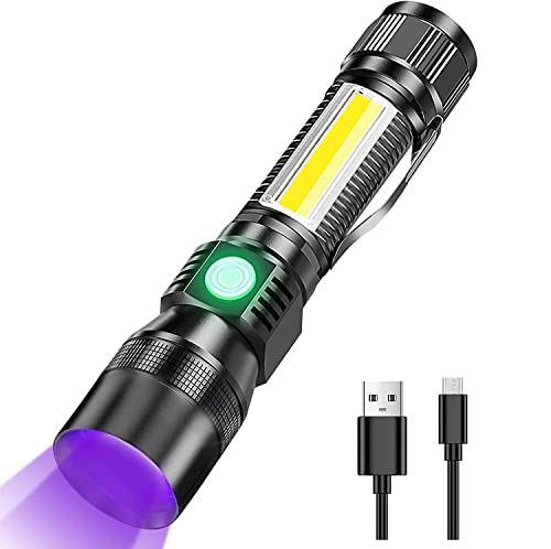 3 in 1 UV Flashlight Torch, Rechargeable Black Light LED Tactical Flashlight, 7 Modes Waterproof Flash Light with Sidelight/SOS Light/UV Light/White Light, for Pet Clothing Detection Emergency Camping
