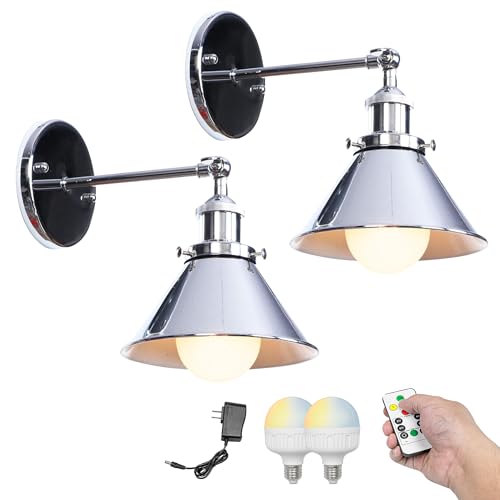 Image of Kiven Battery Operated Wall Sconces Set of 2,Vintage Wall Lights with Rechargeable Bulb, Dimmable Wall Lighting Fixtures for Painting Bedside Vanity Desk, Silver Finish