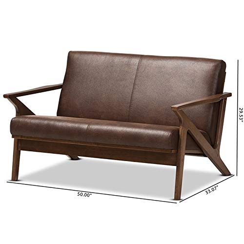 Baxton Studio Bianca Mid-Century Modern Walnut Wood Dark Brown Distressed Faux Leather 2-Seater Loveseat #TOP7