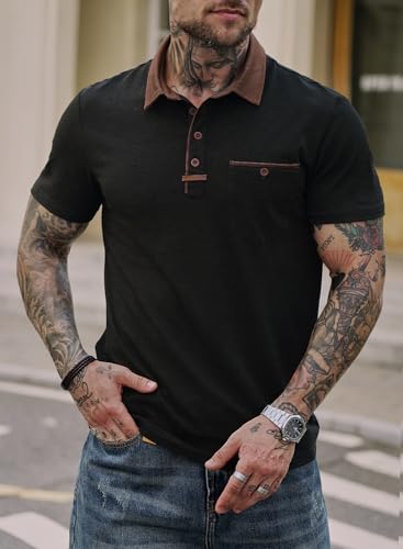 Men's Vintage Polo Shirts Fashion Tactical Polos Contrast Collared Shirt with Pocket (S-XXL)2