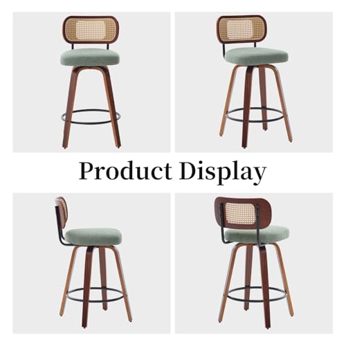 Image of Swivel Counter Height Bar Stools Set of 4, 26 inch Bar Chairs with Curved Rattan Back, Linen Upholstered Seat, Walnut Craftsmanship, Mid Century Modern Counter Stools for Kitchen Counter, Light Green
