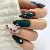 Christmas Press on Nails Medium Almond Fake Nails Winter Snowflake Acrylic Nail with Xmas Holly Candy Designs Full Cover Green Matte False Nails Cute Christmas Stick on Nail for Women, 24 Pcs