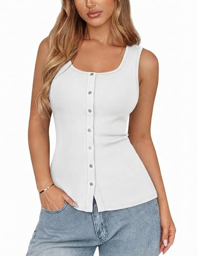 Aottori Tank Top Women UK Summer Sleeveless Scoop Neck Button Down Vest Ladies Basic Ribbed Slim Fit Sexy Shirts Casual Tops White L