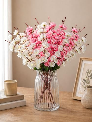 Image of ARTSY Artificial Flowers Bunch for Decoration Cherry Blossom, Ideal for vase, Home, Office Decor, Gifts, Craft, Artificial Plants for Decoration, Without vase, White Pink, Combo, 2 Pieces, Polyester
