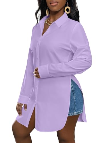 Image of LYANER Women's Collar Neck Long Sleeve Button Down Shirts Sexy Split Hem Tops Long Blouse Shirt Dress