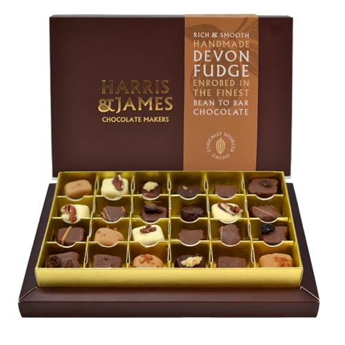 Harris & James Devon Fudge 24 Piece Gift Box. Handmade Luxury Fudge - Barista Madagascan Vanilla Pecan Rum & Raisin Salted Caramel & Zesty Stem Ginger. Enrobed In Our Bean To Bar Chocolate.
