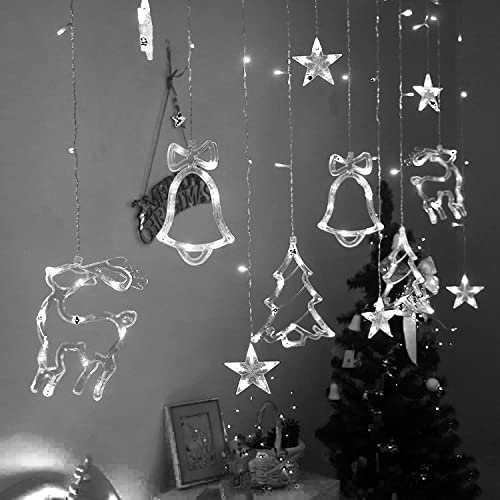 Rideau Lumineux Noël Intérieur Extérieur blanc froid Guirlande Lumineuse Noël 3.5M 138LED avec Étoiles Cerfs Cloches et Sapin de noël Decoration 8 Modes d'Eclairage, Décoration Noël pour Fête Cover