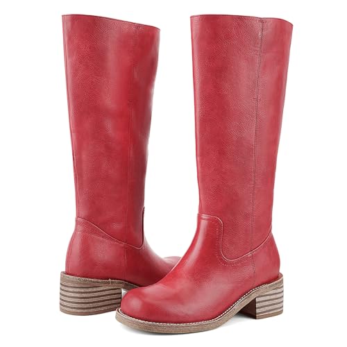 Image of UBWDU Women's Knee High Boots Chunky Block Heel Long Boots Square Toe Low Heel Boots for Women