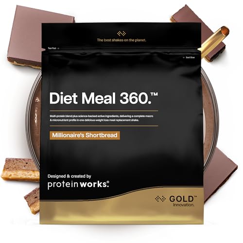 Protein Works | Diet Meal 360 - GOLD Innovation, Trinkmahlzeit, Abnehmshake, Vollwertige Ernährung, 24 Vitamine & Mineralstoffe, Leinsamen, Omega 3, Inulin, Schoko Karamell Biskuit, 7 Mahlzeiten, 500g