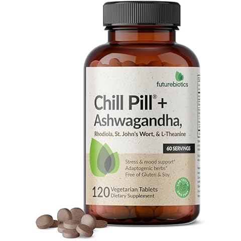 Futurebiotics Chill Pill + Ashwagandha, Rhodiola, St. John’s Wort, & L-Theanine 2000 MG per Serving - Non-GMO, 120 Vegetarian Tablets Cover
