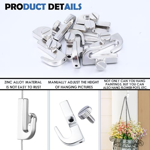 Image of Hicarer 12 Pcs Adjustable Hooks for Gallery Picture Hanging System Picture Rail Hooks Hangers for Exhibition Art Gallery Supplies(Normal)
