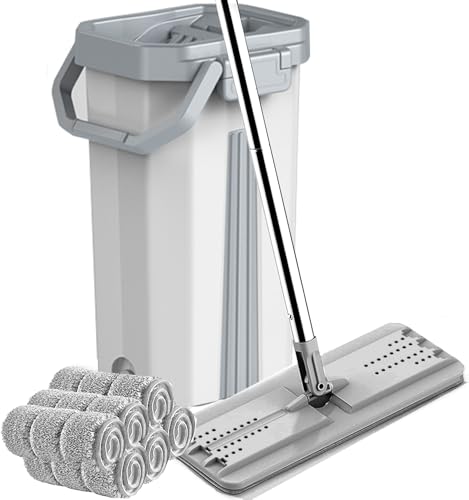 Toworld Mop and Bucket with Wringer Set, Hands Free Flat Floor Mop and Bucket, 6 Washable Microfiber Pads Included, Wet and Dry Use, Home Floor Cleaning System for All Floor Types and Windows