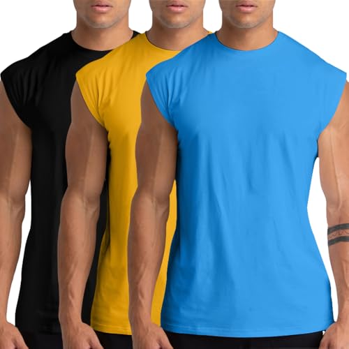 Holure 3 Pack Men's Gym Tank Tops Workout Sleeveless T-Shirts Athletic Muscle Tank Training Bodybuilding Shirts Black/Blue/Yellow 15-2XL