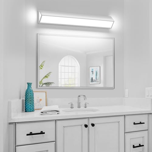 Image of 32-Inch LED Modern Bathroom Vanity Light Fixtures, Chrome Modern Acrylic Bathroom Wall Lighting Fixtures Over Mirror (Cool White 6000K)