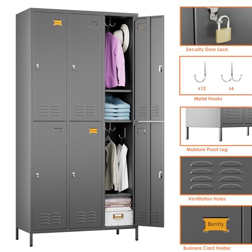 Image of SUPEER 6 Door Metal Storage Locker for Employees, Heavy Duty Steel School Locker with Adjustable Shelves and 18 Hooks,Metal Lockers for Office, Gym, Home Garage, 72 inch H x 35.4 inch W x 15.75 inch D,Dark Grey