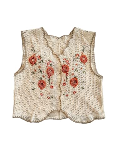 Women's Floral Embroidered Sweater Vests Button Down Crochet Sleeveless Knit Lightweight Cardigans