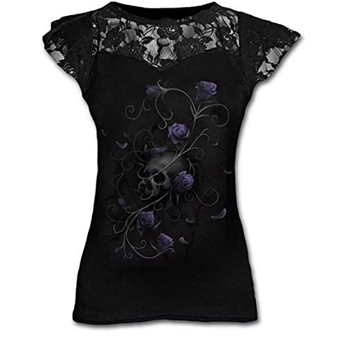 2022 Nouveau Slim Goth Graphique Dentelle t-Shirts pour Femmes Gothique Fleur crâne vêtements Punk t-Shirts Dames Hauts été t-Shirt