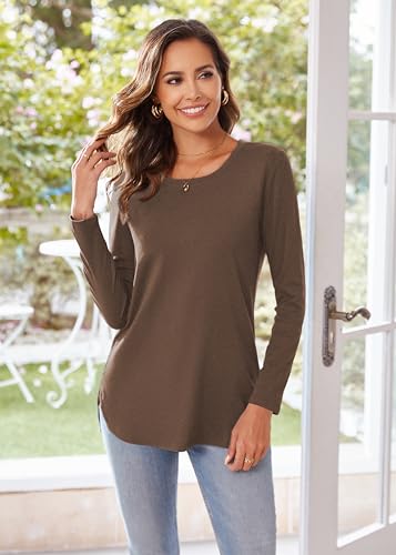 Image of Herou Women's Casual Long /Short Sleeve T Shirt Crewneck with Side Split Fall Pullover Loose Tunic Sweater Tops