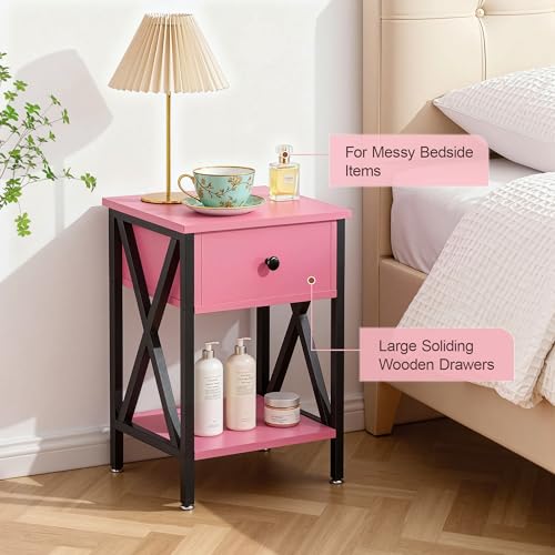 Image of VECELO Nightstand,Modern Bedside End Table, Night Stand with Drawer and Storage Shelf for Living Room Bedroom, Industrial Metal Frame