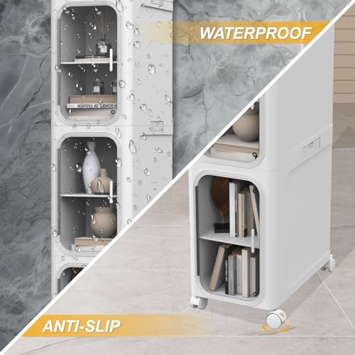 Image of 4-Tier Slim Tall Bathroom Cabinet, Plastic Narrow Cabinet with Doors and Shelves, Floorstanding Skinny Cabinets with Wheels
