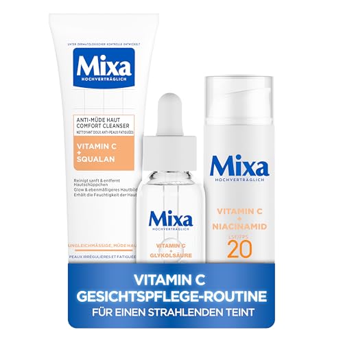 Mixa Vitamin C Gesichtspflege-Routine: Vitamin C Serum 30ml gegen dunkle Flecken + Vitamin C Fluid mit LSF25 50ml + Anti-Müde Haut Cleanser 150ml für einen strahlenden Teint