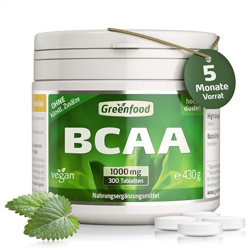 BCAA, 1000 mg, hochdosiert, 300 Tabletten, vegan - gut Muskelaufbau und Muskelerhalt (Proteine). OHNE künstliche Zusätze. Ohne Gentechnik.