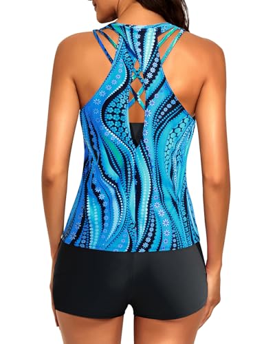 Image of 3 Piece Tankini Long Sleeve Swimsuits Athletic Rash Guard Bathing Suits | Modest,Full Coverage,High Waisted Short,Quick Dry,Criss Cross Back