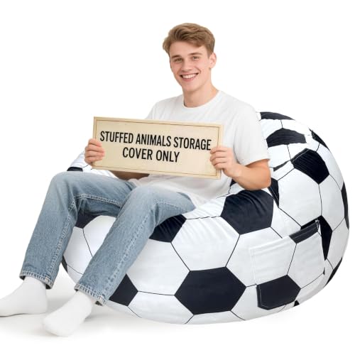 Lukeight Soccer Stuffed Animal Storage Bean Bag Chair Cover for Adults Velvet Plush Toy Organizer Seat Cover Only No Filling Included Long YKK Zipper Side Pocket XXX-Large 42D x 23H