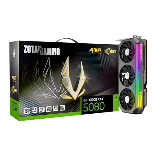 Image of ZOTAC Gaming GeForce RTX 5080 AMP Extreme Infinity Graphics Card - Black | 16GB | DLSS 4 | GDDR7 | 256 bit | Triple Fan | 10752 CUDA Cores | Tri-Zone Spectra 2.0 ARGB | IceStorm 3.0 Advanced Cooling