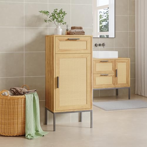 [en.casa] Mueble de Baño Marhasa con Puerta y Cajón Mueble Auxiliar Estantería Baja Armario Midi para Cuarto de Baño Dormitorio Efecto Ratán 92 x 40 x 30 cm - Efecto Roble/Negro