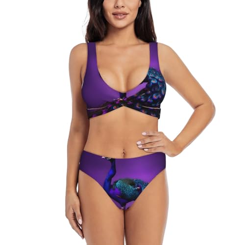 Maillot de bain deux pièces violet motif paon anti-décoloration