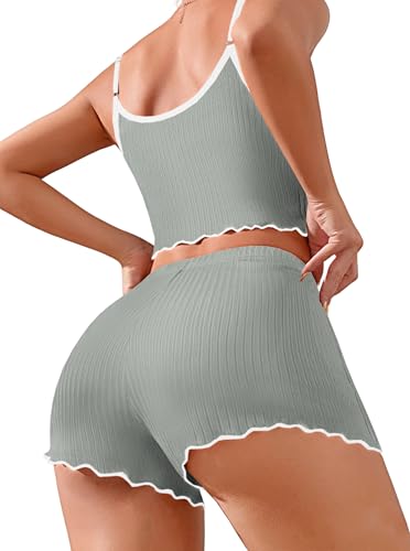Image of Hilinker Womens Graphic Print Ribbed PJ Set Crop Cami Tops and Shorts Cute Pajamas Set
