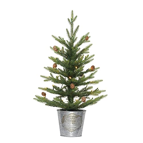 Puleo International Pre-Lit 2' Table Top Artificial Christmas Tree with 35 Lights in Metal Pot, Green