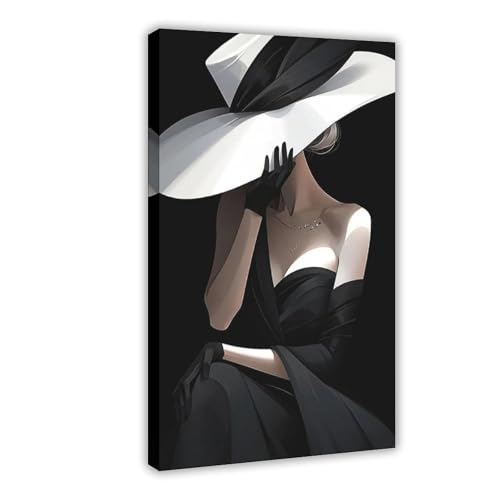 WJWART Stylish Woman in Black Dress And White Hat Canvas Poster Bedroom Decor Landscape Decor Gift 08x12inch(20x30cm)