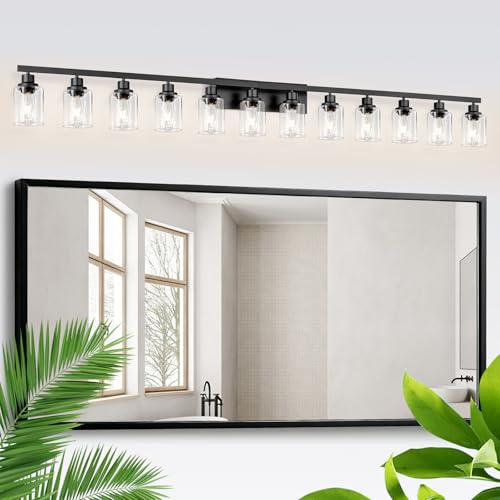 Image of 12 Light Bathroom Light Fixtures, Black Bathroom Lighting Fixtures Over Mirror Matte Black Modern Vanity Lights Wall Lighting for Mirror Bedroom, Living Room (78.7inch)