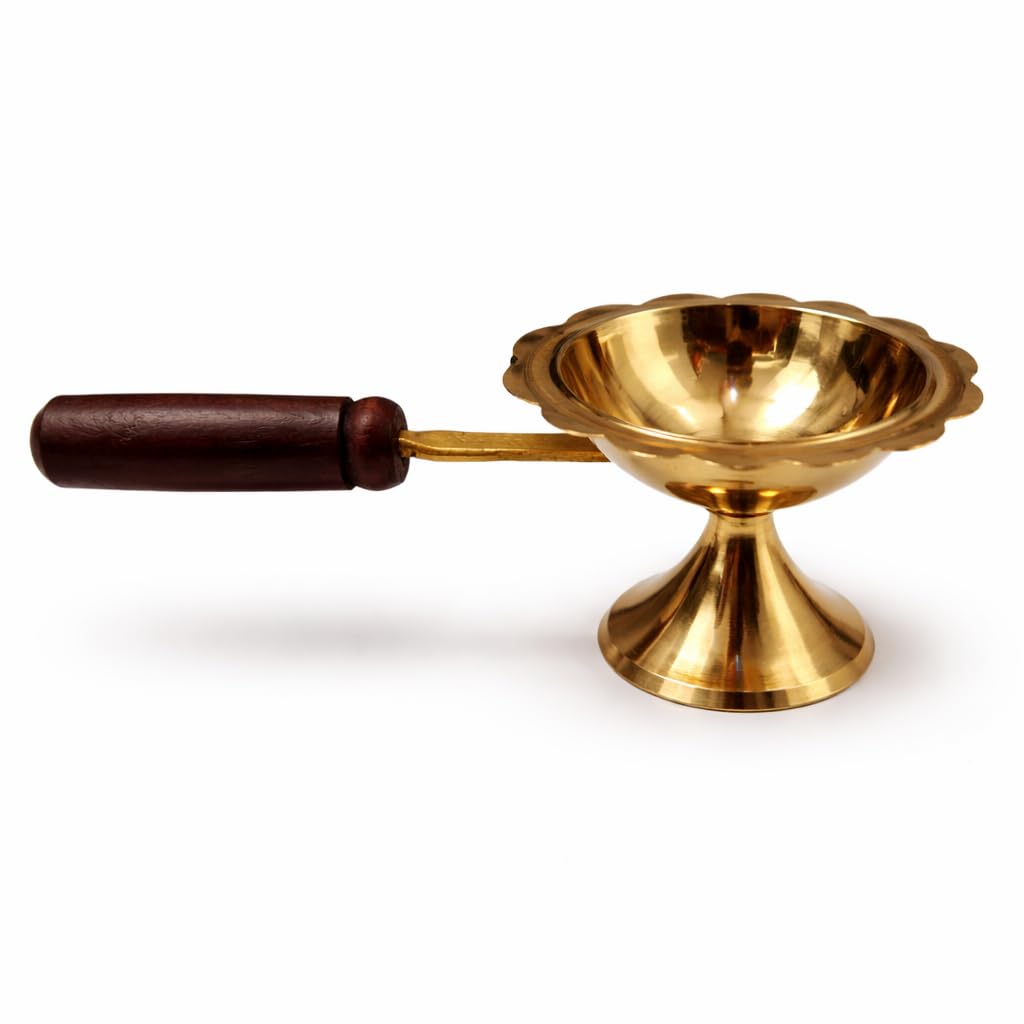 Brass Dhupiya Diya with Wooden Handle for Puja, Traditional Dhoop Aarti Holder, Peetal Dhupia Oil Lamp, Handheld Aarti Diya for Home Temple, Mandir, Havans & Diwali Pooja Items-image-34