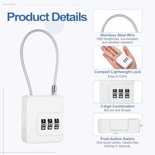 Candado de combinación de 3 dígitos blanco con cable flexible de acero para uso múltiple 4