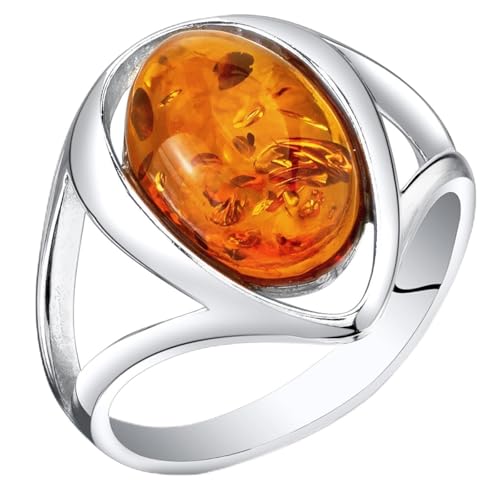 PEORA Genuine Baltic Amber Ring for Women in Sterling Silver, Rich Cognac Color, Oval Shape Solitaire, Comfort Fit, Size 7, Real Baltic Amber Ring for Adults, 100% Natural from Baltic Region