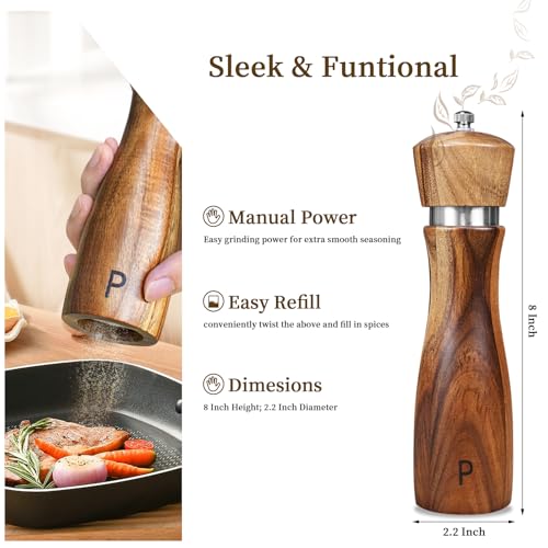 Haomacro Salt and Pepper Grinder Set of 2,8Inch Updated Wooden Pepper Mill Shaker,Modern Oak Wood Salt Mill Pepper Grinder Set Refillable with Adjustable Ceramic Rotor - Image 3