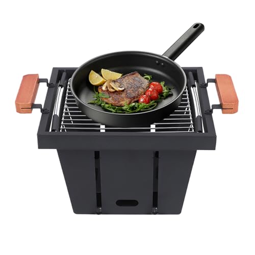 Barbacoa de camping – Barbacoa de carbón vegetal ajustable en 4 alturas | Superficie de cocción resistente al calor | para balcón, picnic, senderismo, barbacoa, actividades al aire libre