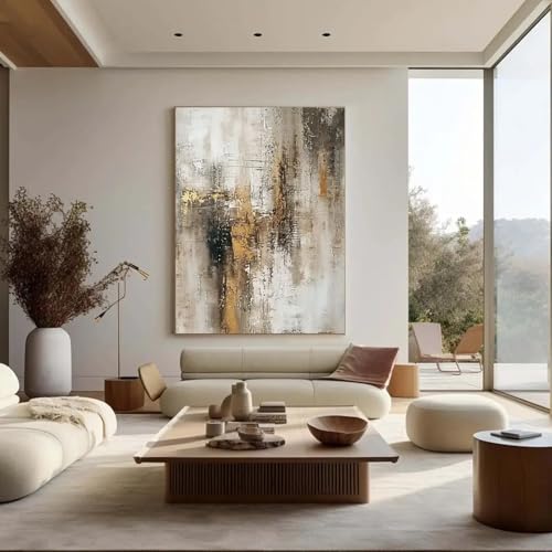 Peinture abstraite dorée 80x138cm, toile encadrée décoration salon moderne