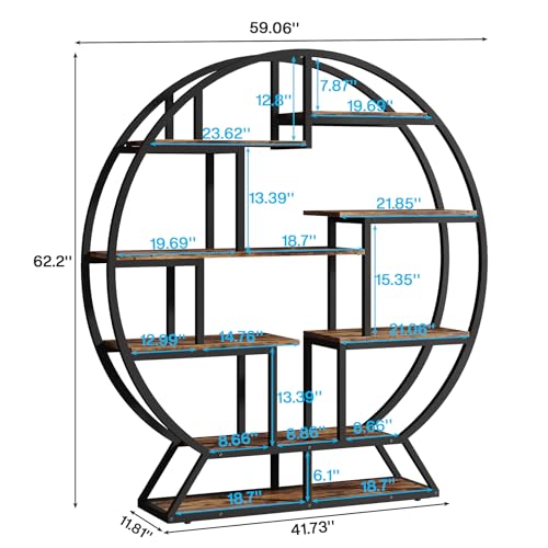 Image of Tribesigns Bookshelf, Round Bookshelves Etagere Bookcase, 63 Inch Industrial Wood Book Shelf with Staggered Shelves, Rustic Open Shelving Organizer Rack Display Shelf for Home Office, Living Room