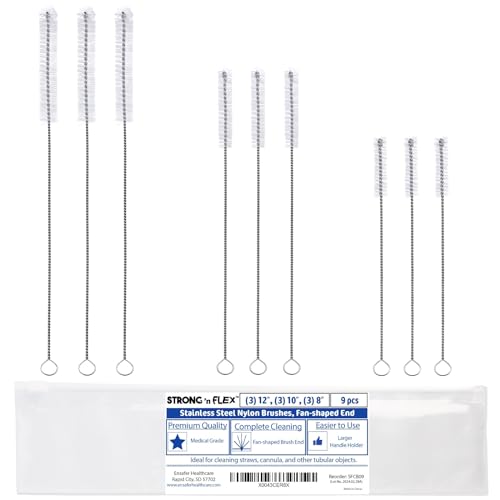 Image of Strong 'n Flex Nylon Straw Cleaner Brushes - Fan-Shaped End for Tight Spaces, Ideal for Reusable Straws, Water Bottles, Sippy Cups & Pipes - Includes Zippered Pouch - 8 inch, 10 inch, 12 inch Long - Set of 9