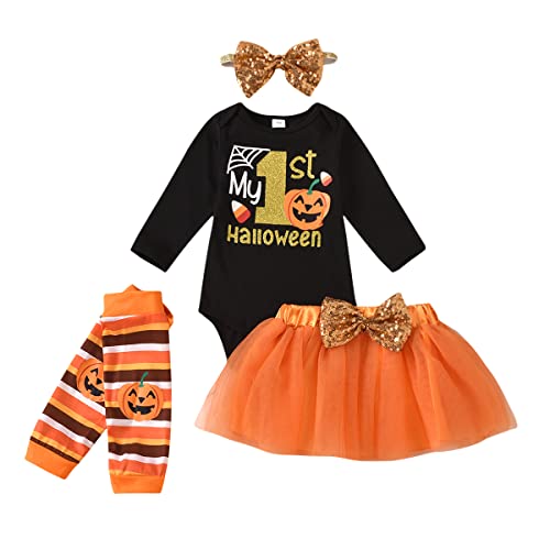UUAISSO Baby Girls My 1st Halloween Ropa Estampado de Calabaza Mameluco de Manga Larga Falda Con Lazo Lindo Conjunto de Trajes Con Diadema naranja 12-18 meses Cover
