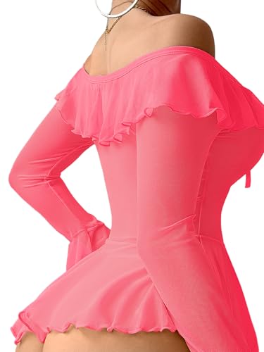 Image of Foxiny Sheer Ruffle Long Sleeve Babydoll Lingerie Dress | Off-shoulder neckline, flared cuffs and a flounce hem add movement; thong and thigh-high stockings complete the 3-piece set