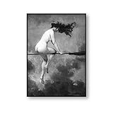 OAQAT Bruja Montando Escoba Cartel e Impresiones Lienzo Pintura Cuadros Pared Arte Impresiones Carteles para decoración de Pared del hogar 24X36 Pulgadas sin Marco 1 Uds